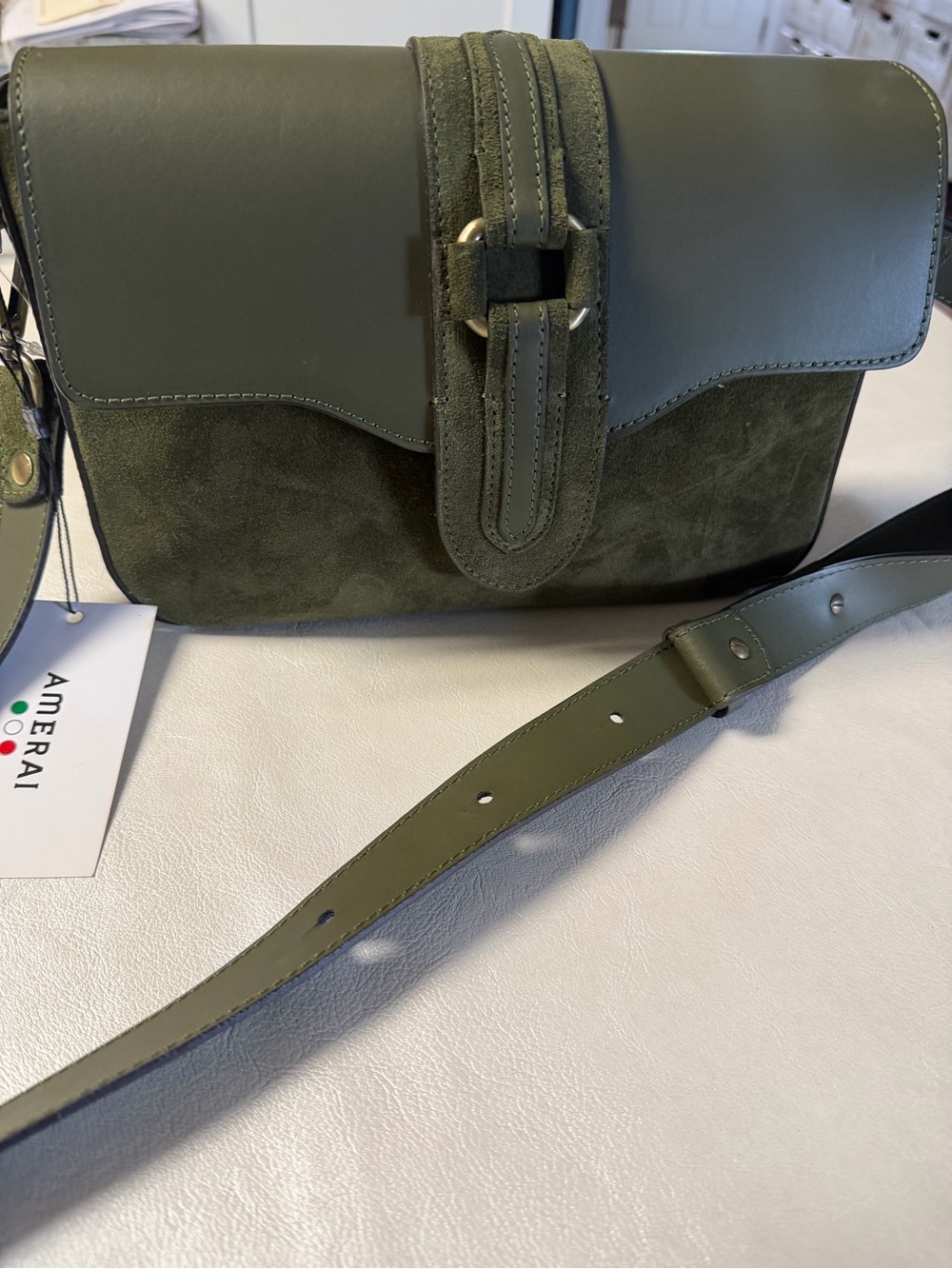 Amerai Olive Green Suede & Leather Crossbody Bag